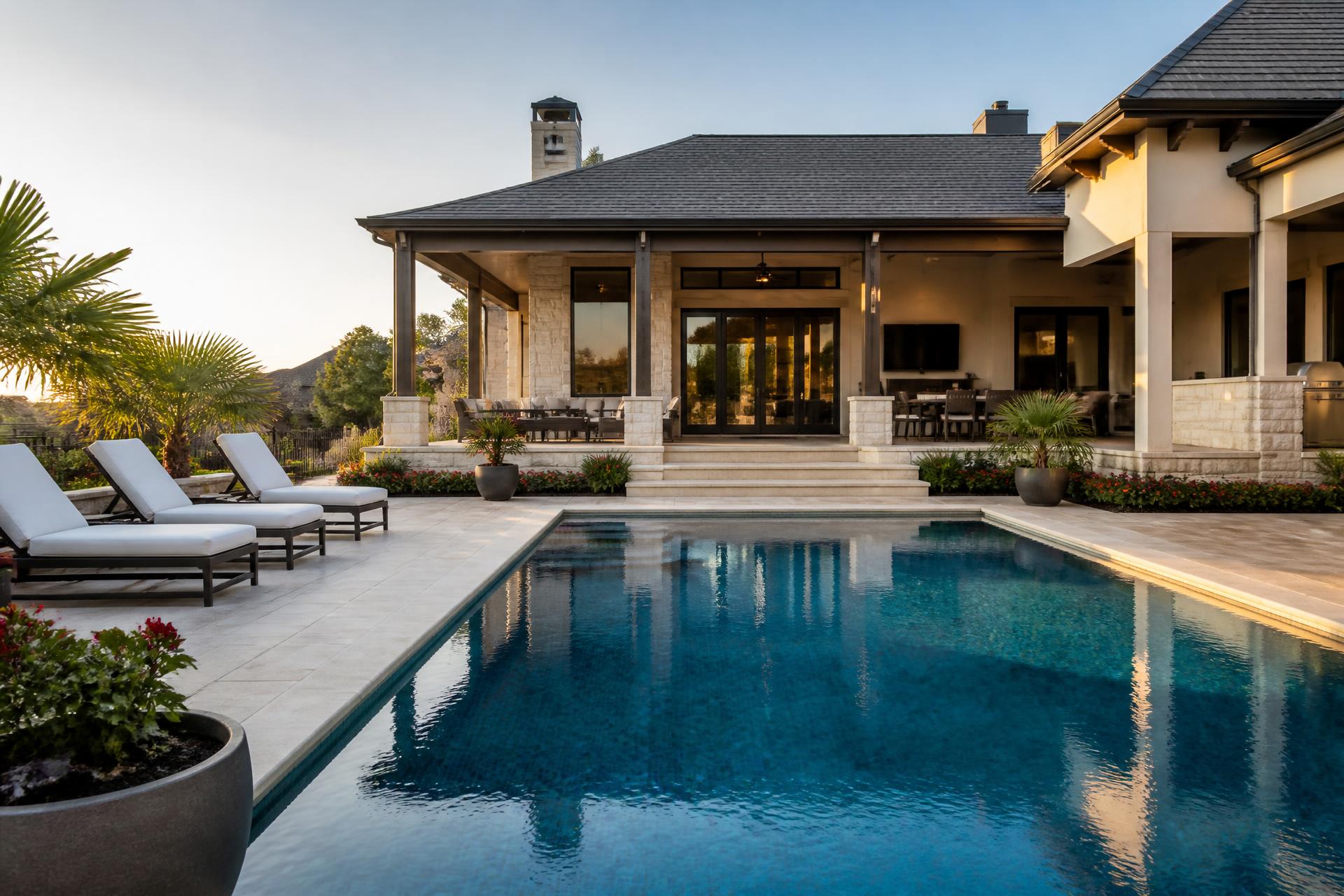 Clean modern residential swimming pool with clear blue water beside a Texas home